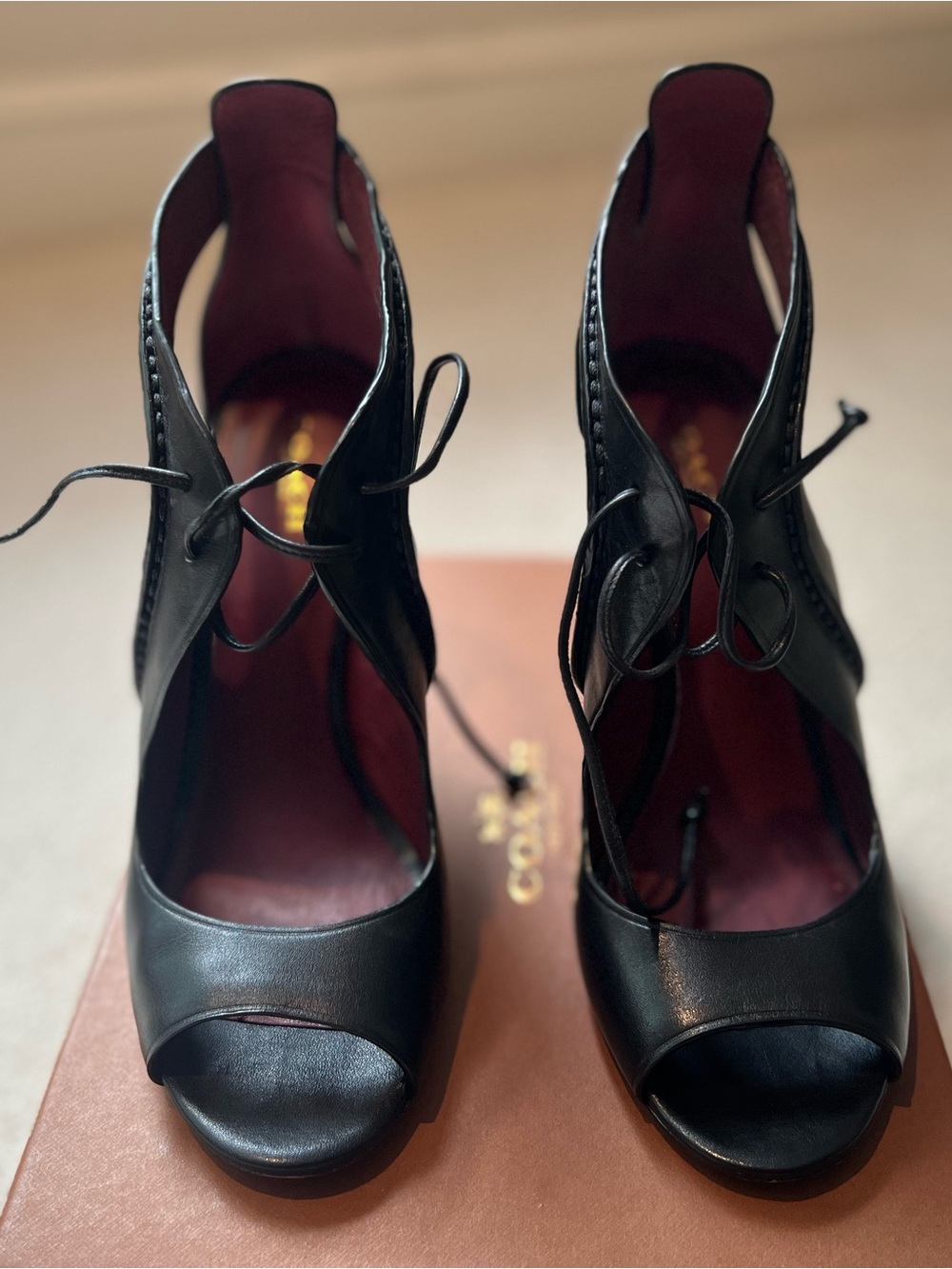 Coach Loise Black Leather Heels Snakeskin Heel Peep Toe Size 9